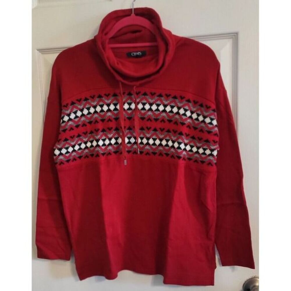 Chaps Women's Red Knit Cowl Neck Sweater Tunic Sz M Fair Isle Pattern Pullover